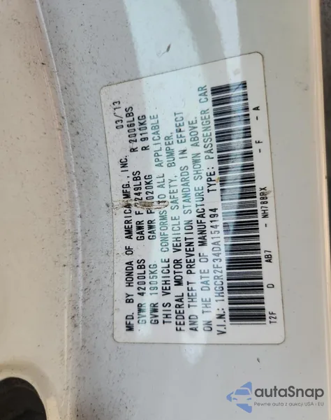 2013 Honda Accord Lx z USA, uszkodzony, nr VIN 1HGCR2F34DA154194